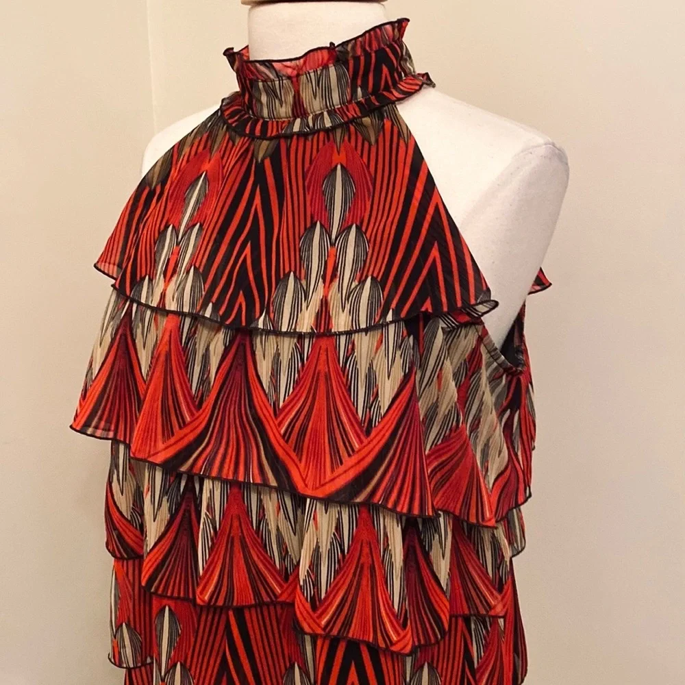 Adiva Black Red Tan Geometric SZ L High Neck Boho Chic Earthy Modern Halter Top - Picture 5 of 11